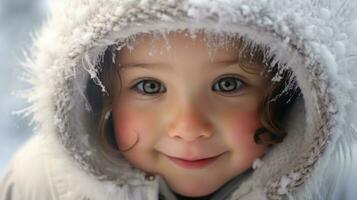 une peu fille expérience chute de neige pour le premier temps. génératif ai photo