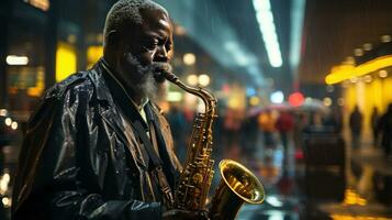une musicien en jouant le saxophone sur une pluvieux ville rue. génératif ai photo