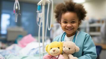 une médecin donnant une nounours ours à une peu garçon. génératif ai photo