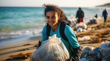 une groupe de Jeune les enfants et adolescents est nettoyage en haut Plastique déchets sur le plage. génératif ai photo