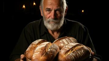 un personnes âgées boulanger est en portant une pain de pain dans le sien mains. génératif ai photo