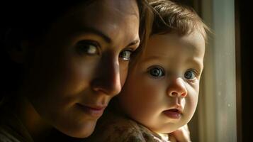 le joie dans le yeux de une mère témoin sa de bébé premier pas. génératif ai photo