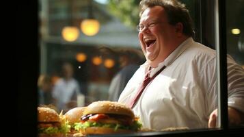 obésité est une personne joie lorsque elles ou ils voir une Hamburger. génératif ai photo