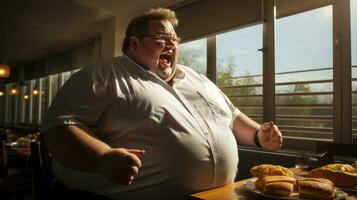 obésité est une personne joie lorsque elles ou ils voir une Hamburger. génératif ai photo