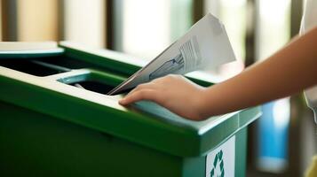 étudiant lancement papier dans recycler poubelle. génératif ai photo