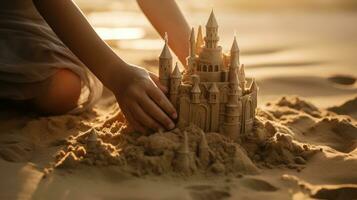 une garçon bâtiment une le sable château. génératif ai photo