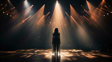 une chanteur est performant sur étape avec une projecteur. génératif ai photo