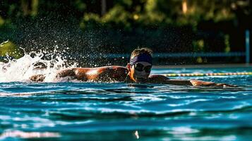 une nageur en compétition dans une relais course plongées dans le bassin. génératif ai photo