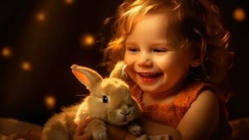 une souriant bébé dont tête est décoré avec lapin oreilles. Pâques concept. génératif ai photo