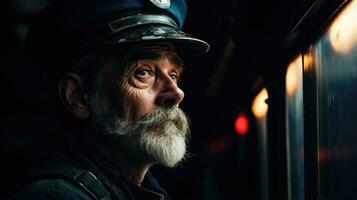 profil de une vigilant train conducteur. génératif ai photo