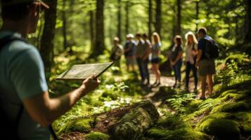 une la nature guider montrant faune à touristes sur le forêt route. génératif ai photo