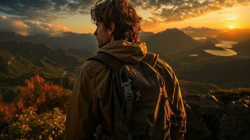 une voyageur sur le Haut de une Montagne à la recherche à le horizon. génératif ai photo