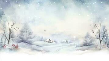 rustique hiver scène avec une aquarelle frontière et flocons de neige photo