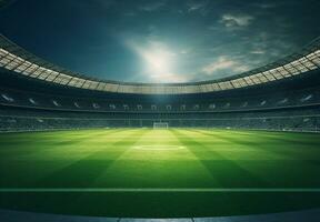 photo de une football stade à nuit avec stade lumière. le stade a été fabriqué dans 3d sans pour autant en utilisant existant références