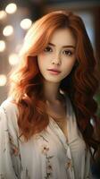 magnifique asiatique fille avec rouge cheveux. génératif ai photo