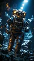 astronaute portant scaphandre en marchant à l'intérieur le la grotte avec bleu lumière photo