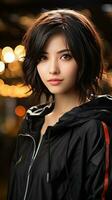 magnifique asiatique adolescent avec court cheveux et noir veste photo
