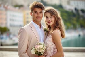 ai génératif photo portrait de une couple sur mariage journée