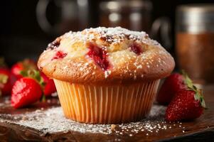 fraîchement cuit fraise muffin ai génératif photo