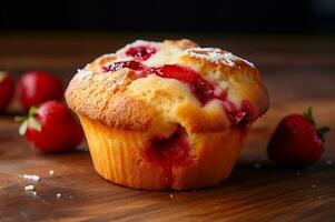 fraîchement cuit fraise muffin ai génératif photo