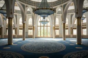 vue de à l'intérieur mosquée avec une grand tapis ai génératif photo