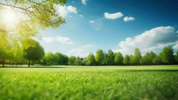 magnifique vert herbe champ et bleu ciel avec lumière du soleil. Naturel Contexte photo