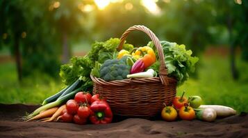 panier avec Frais des légumes sur en bois table dans jardin, fermer photo