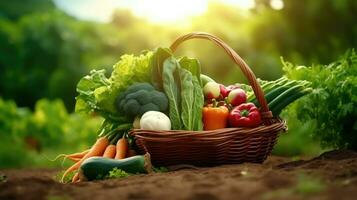 panier avec Frais des légumes sur en bois table dans jardin, fermer photo