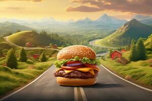 Burger sur le Autoroute route ciel vue Contexte photo