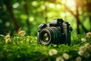 vert caméra sur herbe avec la nature bokeh Contexte. la nature concept. photo