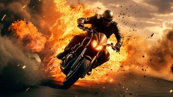 courses moto dans flammes. motocycliste sur une moto dans fumée. photo