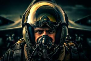 portrait de une pilote dans une casque et gaz masque contre le Contexte de un avion photo