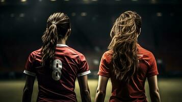 arrière vue de deux femelle football joueurs permanent dans stade photo