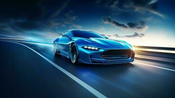 vite conduire bleu luxe sport voiture en mouvement haute la vitesse sur le route course Piste avec mouvement brouiller effet photo