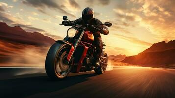 moto cavalier équitation sur le Autoroute route. extrême sport concept. bicyclette course sur Piste photo