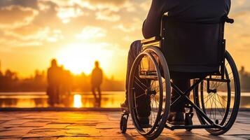 silhouette de désactivée homme dans fauteuil roulant sur le le coucher du soleil Contexte. photo