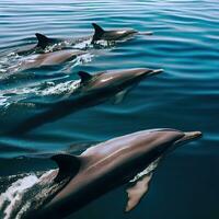 fermer de fileur dauphins surfaçage dans paisible des eaux ,ai généré photo