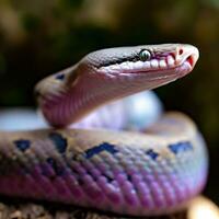 une serpent avec une violet et bleu corps délicatement perché sur une sauvage arbre ,ai généré photo