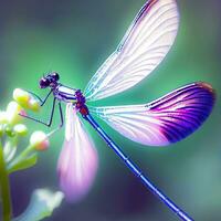 une libellule délicatement soldes sur une fleur sauvage, ressembler une Danseur dans vol ,ai généré photo