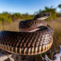 Zoomé sur le perçant regard et lisse Balance de le noir mamba ,ai généré photo