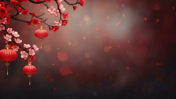 chinois Nouveau année rouge Contexte avec prune fleur et 3d lanterne éléments ai généré photo