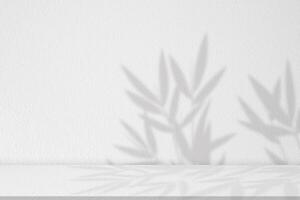 studio fond, béton avec bambou feuilles ombre avec lumière du soleil effet sur blanc mur arrière-plan, vide studio pièce afficher avec feuilles silhouette sur ciment, toile de fond afficher pour produit présentation photo