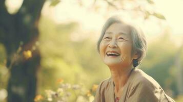 radiant personnes âgées Japonais femme. joyeusement connecté avec le beauté de la nature photo