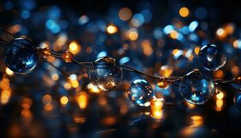 pétillant Noël guirlande lumières contre une Profond bleu toile de fond ai généré photo