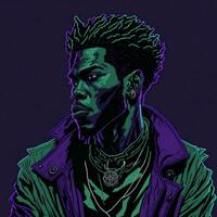 noir rappeur illustration avec bichromie style, violet et vert couleur, ai génératif photo