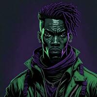 noir rappeur illustration avec bichromie style, violet et vert couleur, ai génératif photo