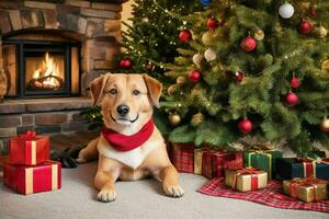 chien près Noël arbre et cadeau à célébrer Noël. ai génératif pro photo