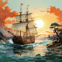 aquarelle navire sur le mer photo