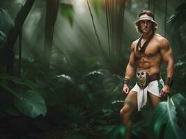 portrait de Beau Jeune homme dans jungle photo