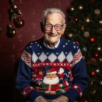 une sourire personnes âgées vieux homme portant une confortable Noël contre vacances à thème Contexte - ai génératif photo
